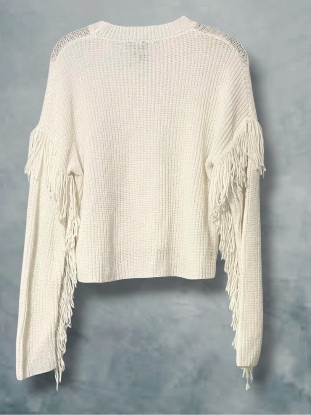 Free For All_Fringe Long Sleeves Knitted Cropped Crewneck Cream Sweater Size: L - Picture 5 of 8